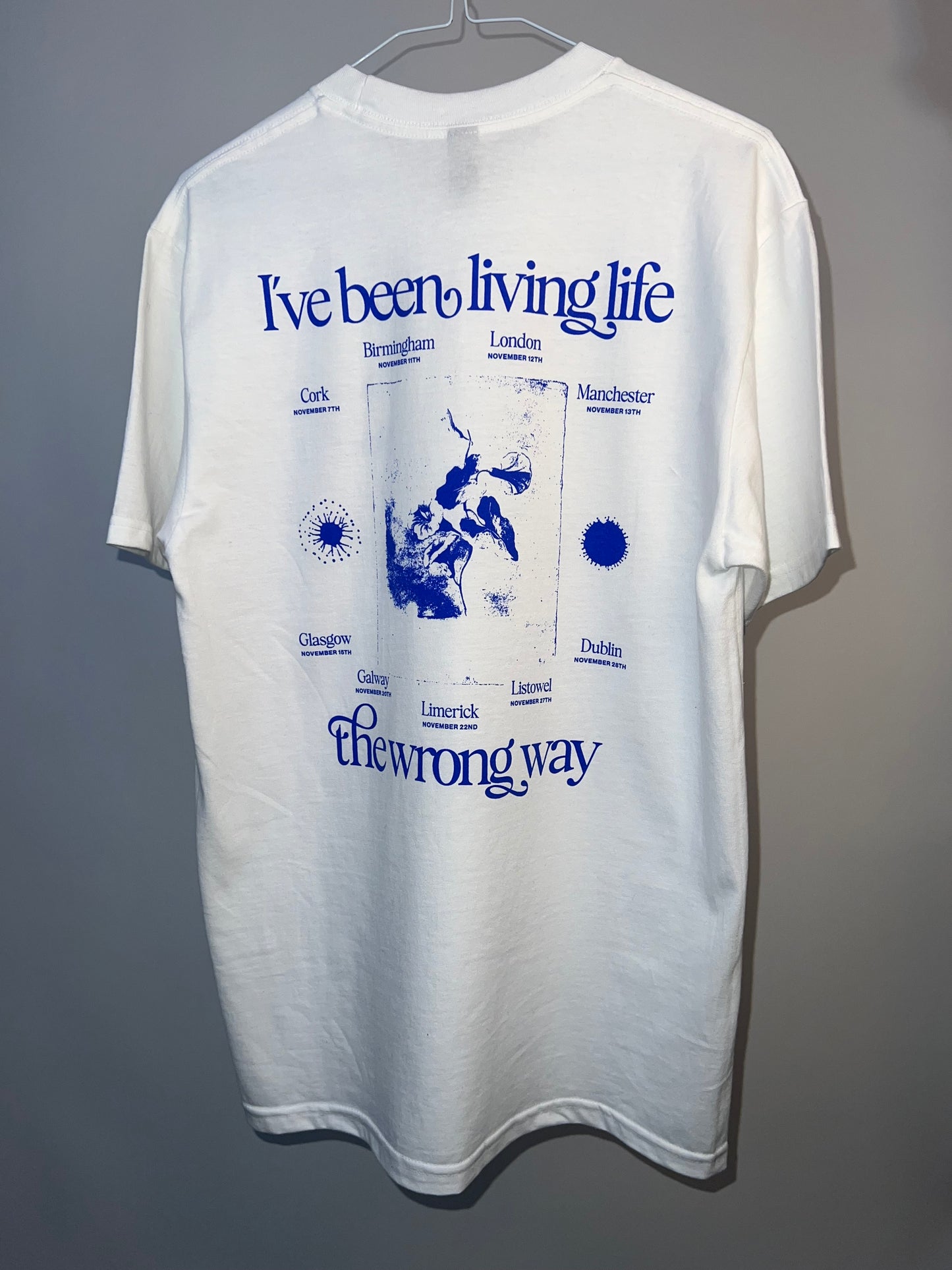 White T-Shirt with Blue Logo & Print