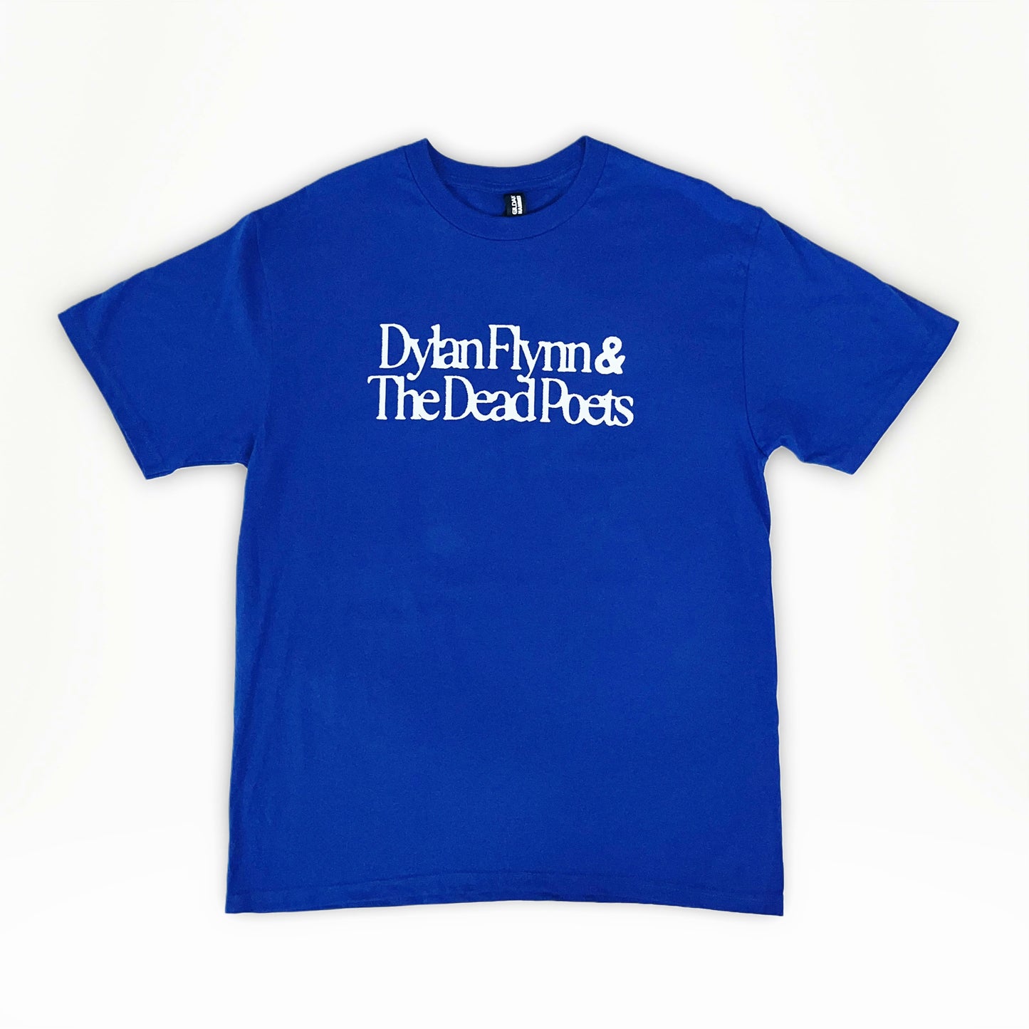 Blue T-shirt with white Dylan Flynn & The Dead Poets logo
