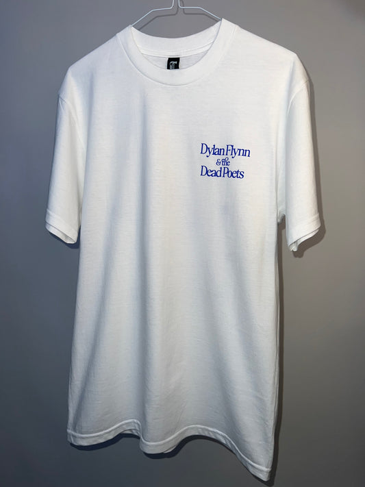 White T-Shirt with Blue Logo & Print